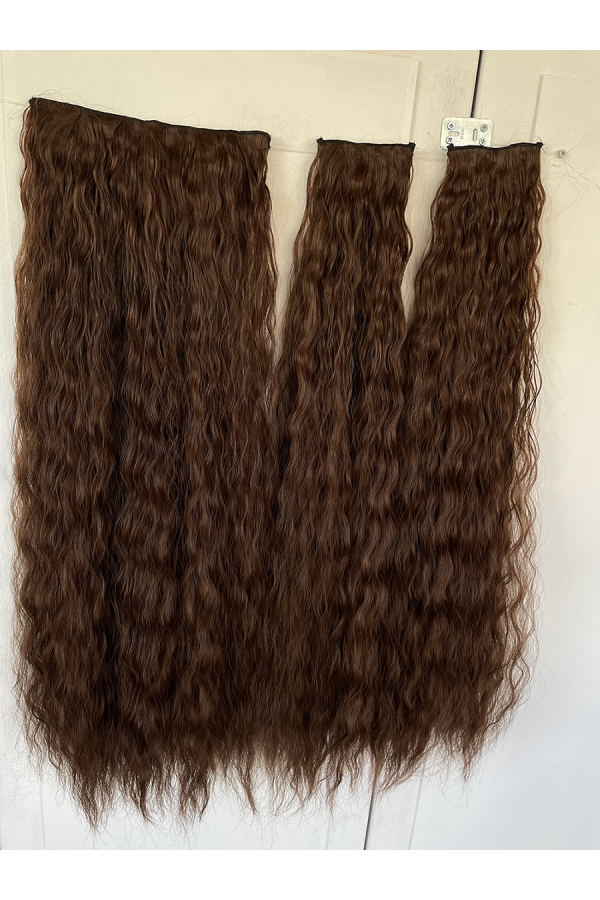 Kestane Afro Dalgalı Uzun Yarım Ay Saç – 3 Parça Çıt Çıt 80cm. 270 gr. VIP SERI pl-015-8b