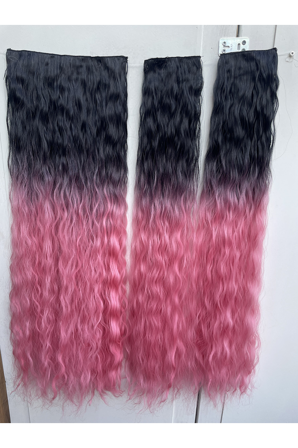YENİ Siyah Pembe AFRO Dalgalı Uzun Yarım Ay Saç – 3 Parça Çıt Çıt 80cm. 270 gr. VIP SERI pl-015-1-pi̇nk
