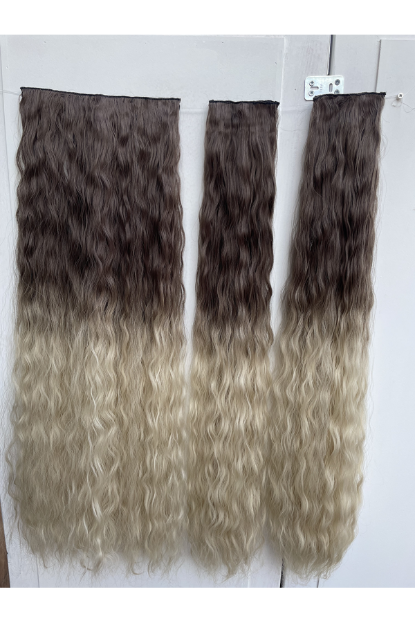 Koyu Kumral Platin Ombreli Afro Dalgalı Uzun Yarım Ay Saç – 3 Parça Çıt Çıt 80cm. 270 gr. VIP SERI pl-015-88bf8