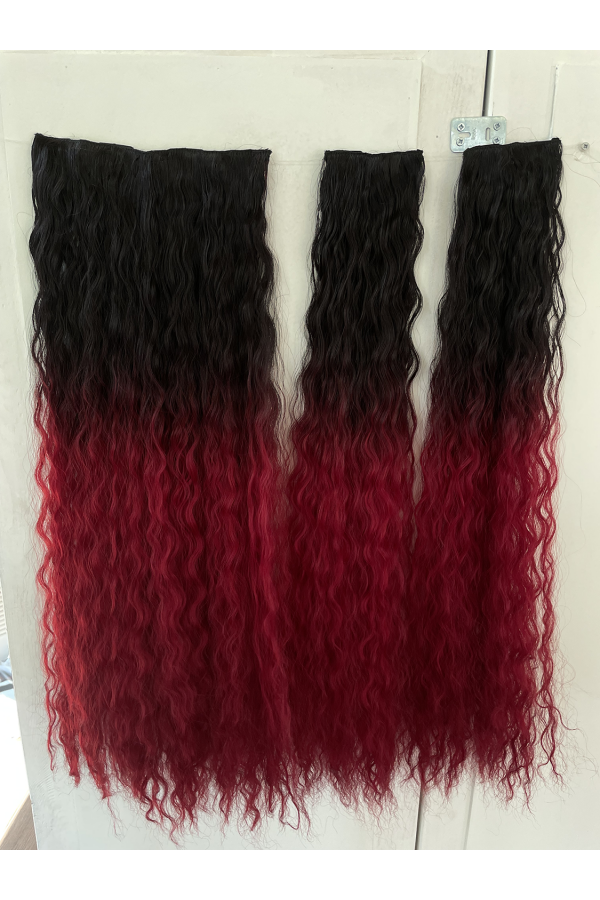 YENİ Siyah Kızıl AFRO Dalgalı Uzun Yarım Ay Saç – 3 Parça Çıt Çıt 80cm. 270 gr. VIP SERI pl-015-1-850a