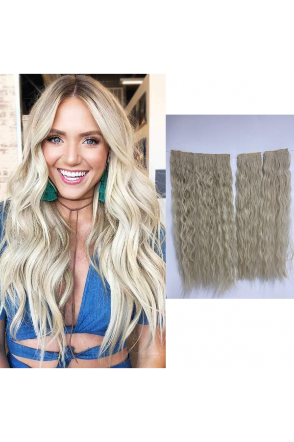Platin Afro Dalgalı Uzun Yarım Ay Saç – 3 Parça Çıt Çıt 80cm. 270 gr. VIP SERI pl-015-60a