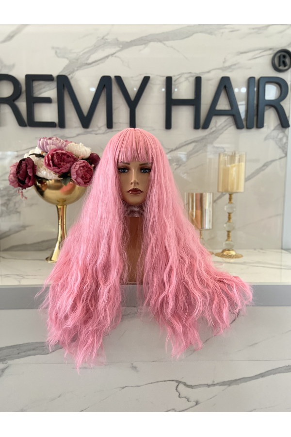 PEMBE Afro Dalgalı Uzun Fiber Sentetik Perçemli Peruk pl470-pink